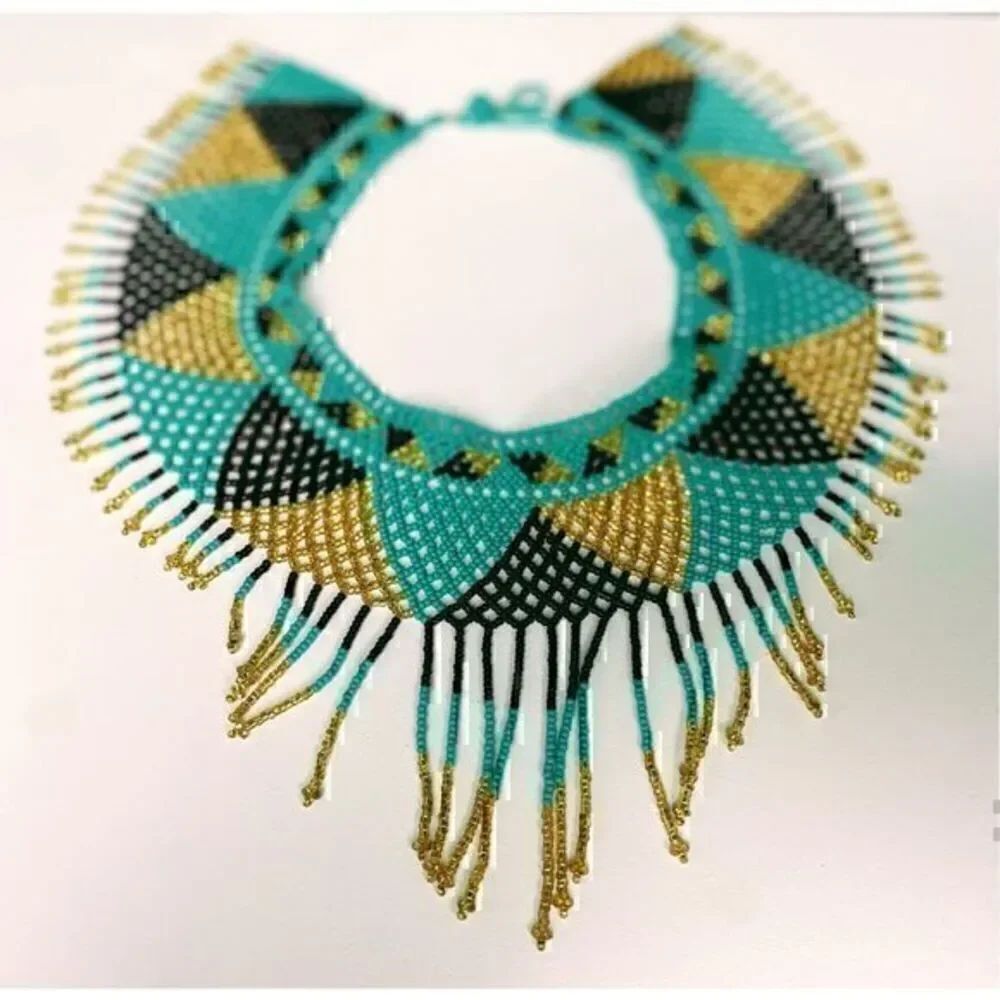 New Beautiful Handmade Turquoise, Purple & Gold Beaded Mexican Collar Necklace - Picture 2 of 3